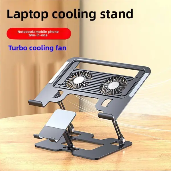 Carbon Steel 2-in-1 Adjustable Laptop Cooling Stand with Fan & Phone Holder